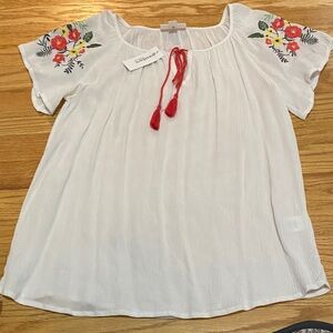 Westport White Blouse with Red and Yellow Floral Embroidery